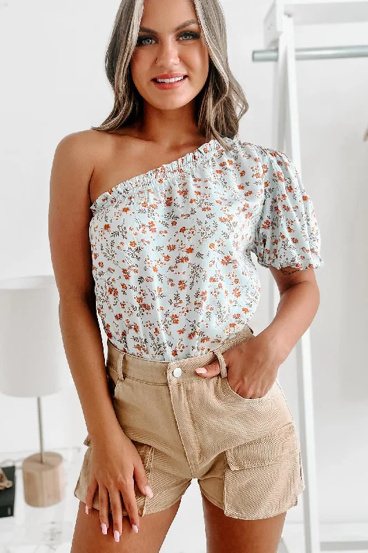 Keep Blooming One Shoulder Floral Bodysuit (Powder Blue)