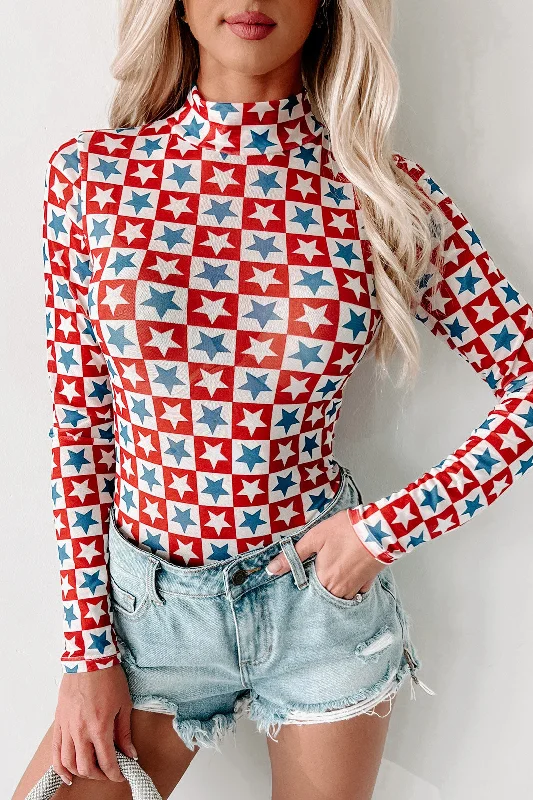 Land Of Liberty Star Printed Mesh Bodysuit (Red/White/Blue)