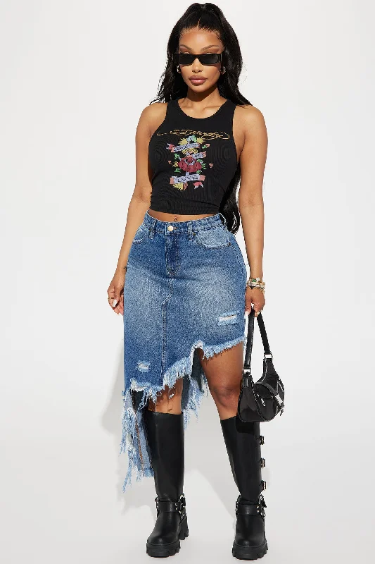 Let It Ride Distressed Midi Skirt - Dark Wash