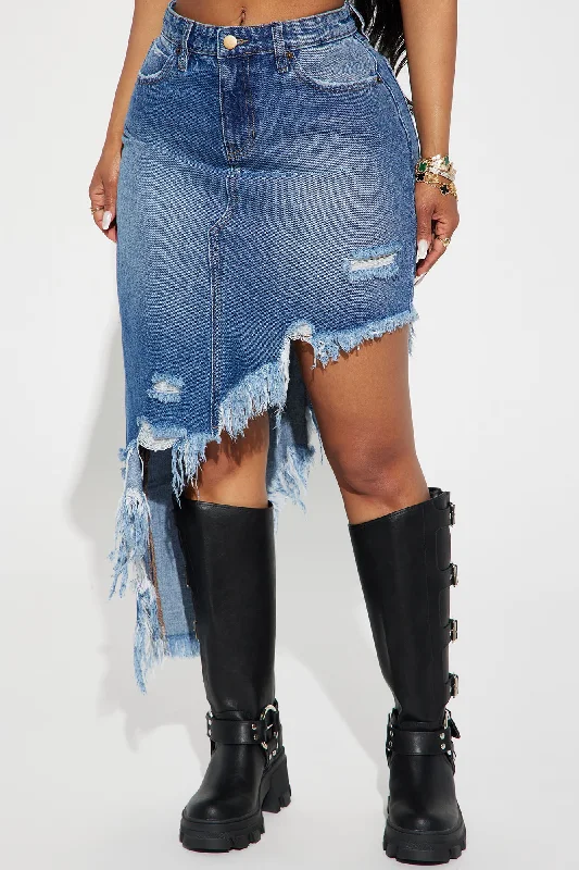 Let It Ride Distressed Midi Skirt - Dark Wash