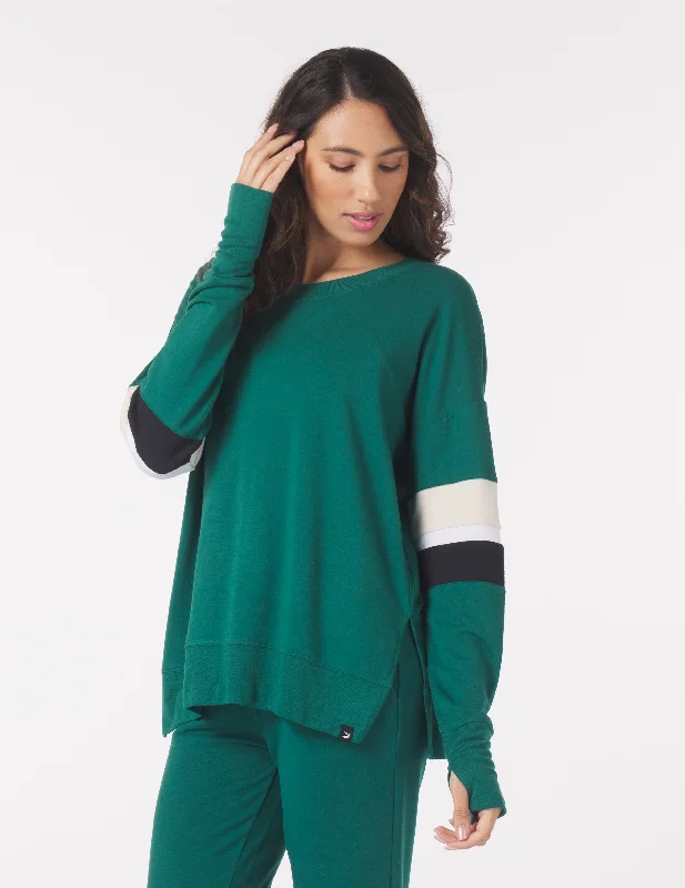 Lounge Long Sleeve: Emerald with Oatmilk/White/Black Stripes