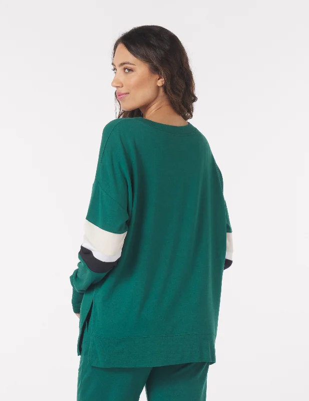 Lounge Long Sleeve: Emerald with Oatmilk/White/Black Stripes