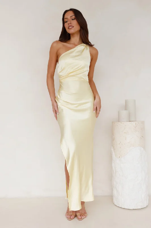 Luxe Charm One Shoulder Satin Maxi Dress Yellow