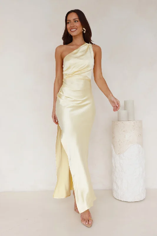 Luxe Charm One Shoulder Satin Maxi Dress Yellow