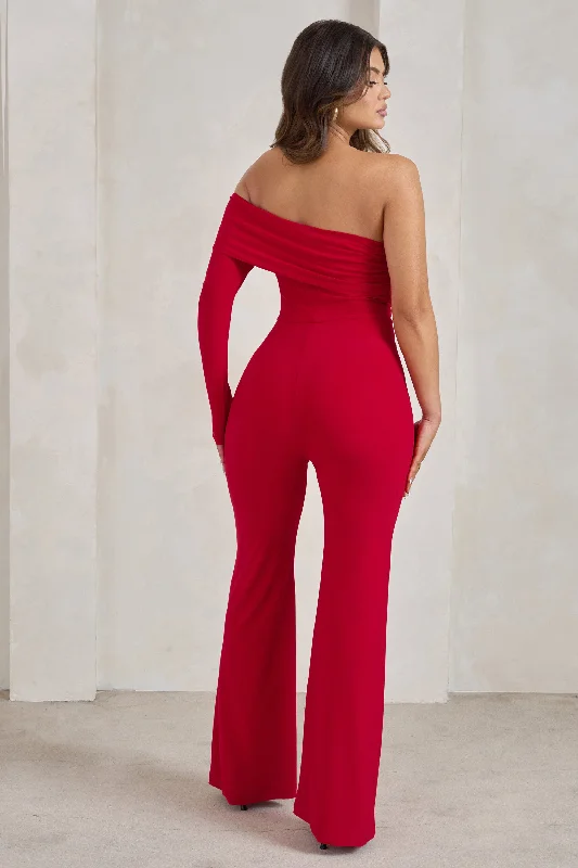 Margie | Red One Sleeve Bardot Jumpsuit