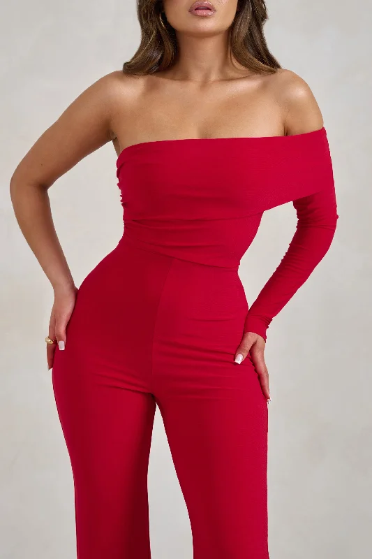 Margie | Red One Sleeve Bardot Jumpsuit