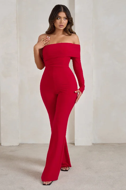 Margie | Red One Sleeve Bardot Jumpsuit