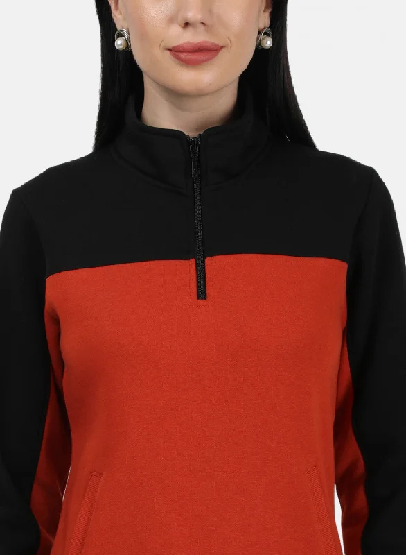 Women Black & Orange Plain Sweatshirt