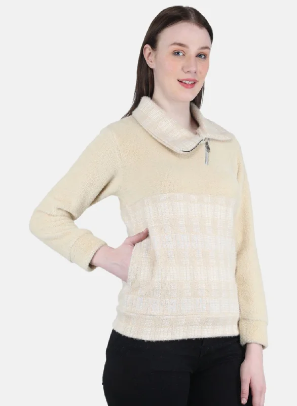 Women Beige Check Sweatshirt