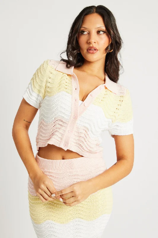 Multi Stripe Crochet Knit Top Collared