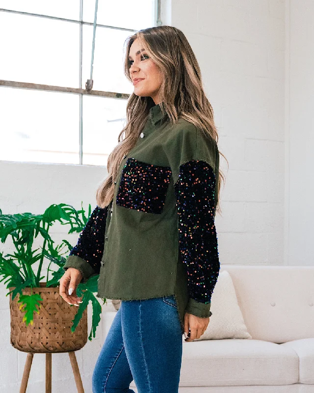 Denim Shacket with Velvet Sequin Sleeves - Olive FINAL SALE