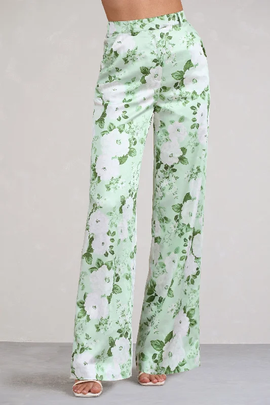 No Limits | White & Green Floral Print Satin Wide Leg Trousers