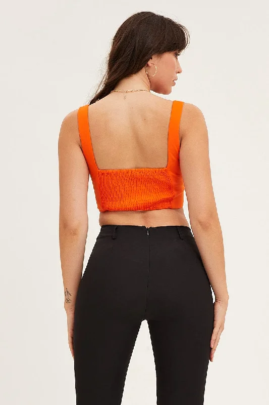 Orange Sleeveless Jersey Shirred Back Corset Top