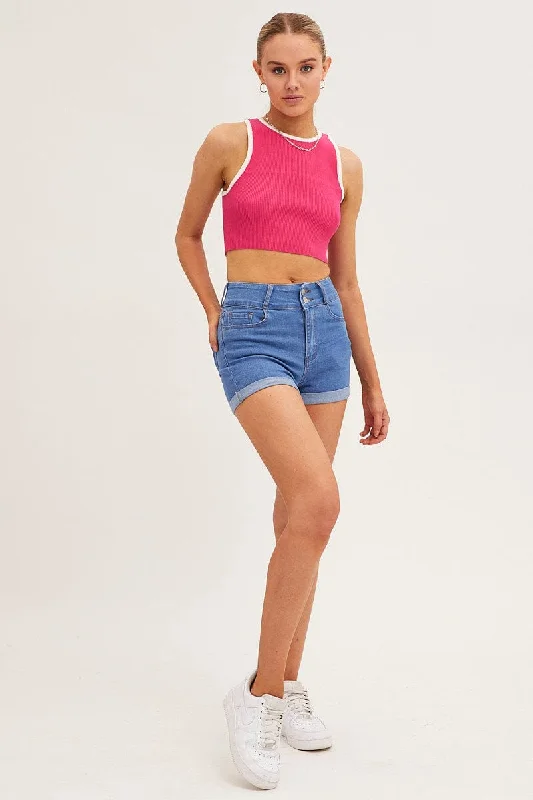 Pink Knit Top Crop Sleeveless Round Neck