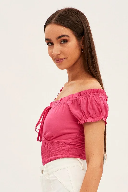 Pink Shirred Bardot Bodysuit Short Sleeve Off Shoulder