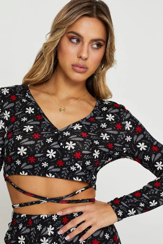 Print Crop Top Long Sleeve