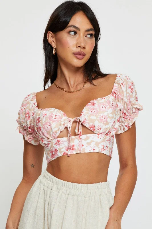 Print Puff Sleeve Top Short Sleeve Crop