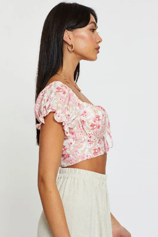 Print Puff Sleeve Top Short Sleeve Crop