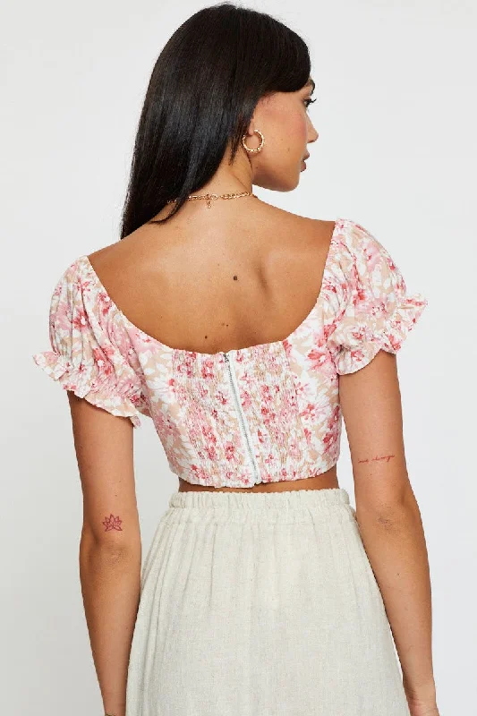 Print Puff Sleeve Top Short Sleeve Crop