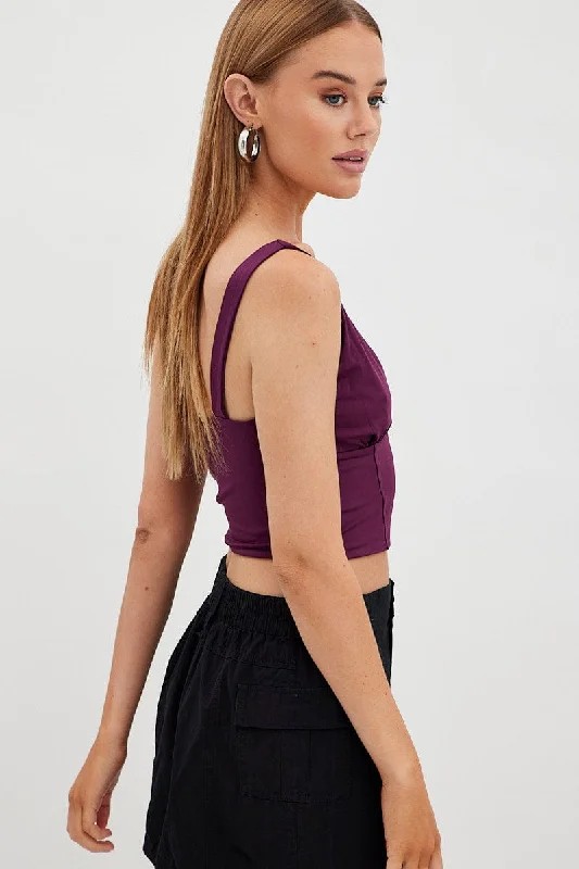 Purple Corset Detail Top Sleeveless Crop Slinky Jersey