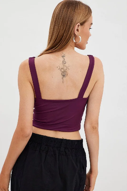 Purple Corset Detail Top Sleeveless Crop Slinky Jersey