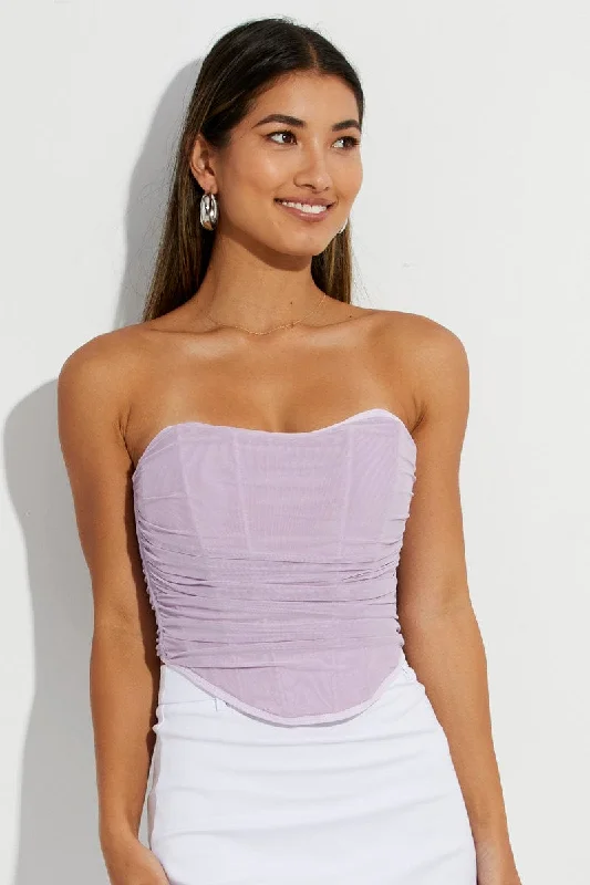 Purple Ruched Corset Strapless Mesh