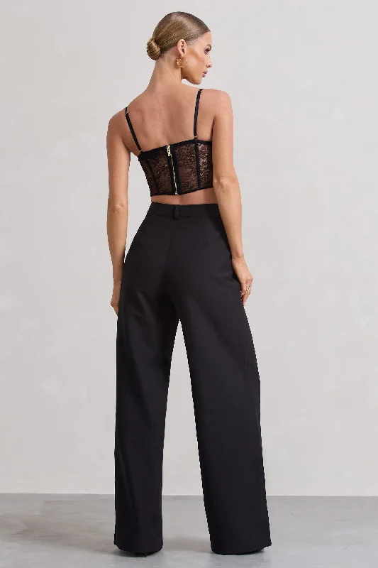 Raina | Black High Waist Pleated Wide-Leg Trousers