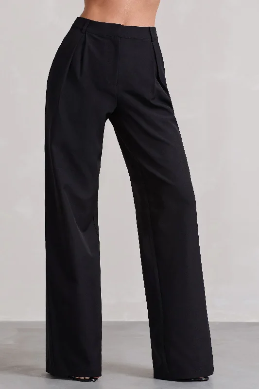 Raina | Black High Waist Pleated Wide-Leg Trousers