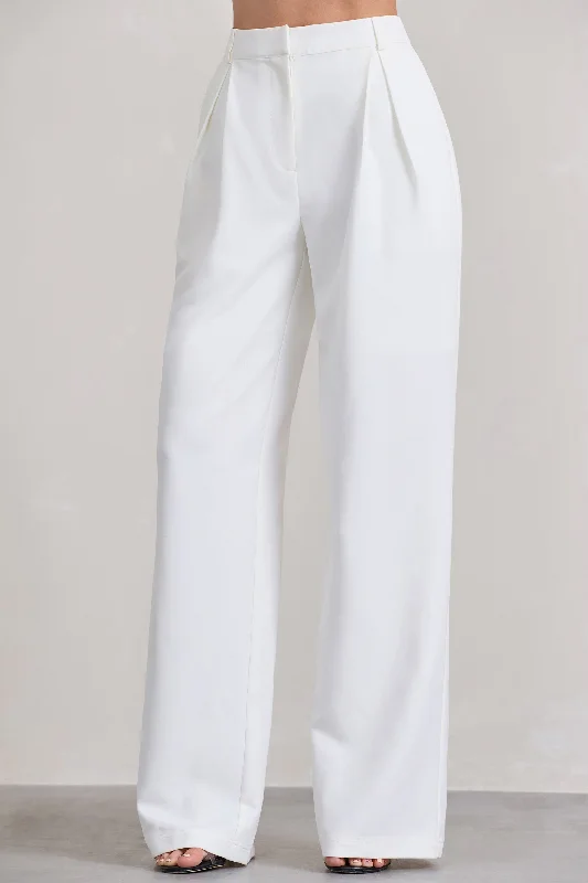 Raina | White High Waist Pleated Wide-Leg Trousers