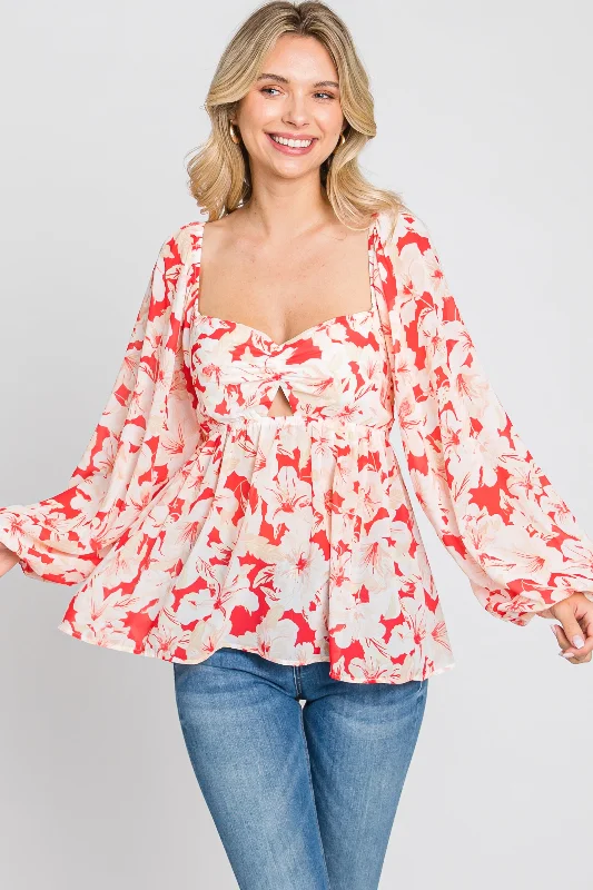 Red Floral Cutout Front Long Sleeve Blouse