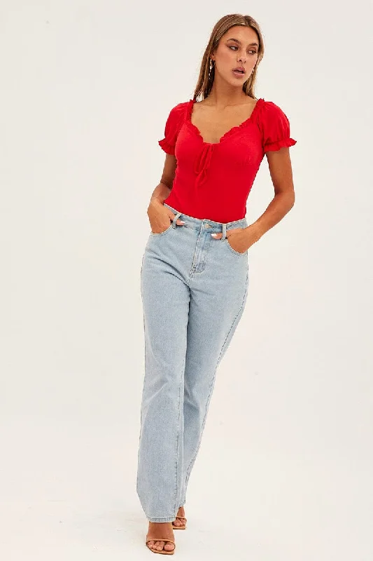 Red Off Shoulder Ribbed Bodysuit