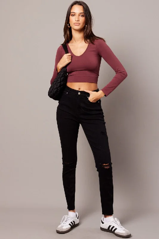 Red Top Seamless Long Sleeve V Neck Cropped