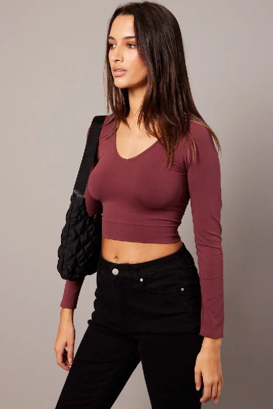 Red Top Seamless Long Sleeve V Neck Cropped