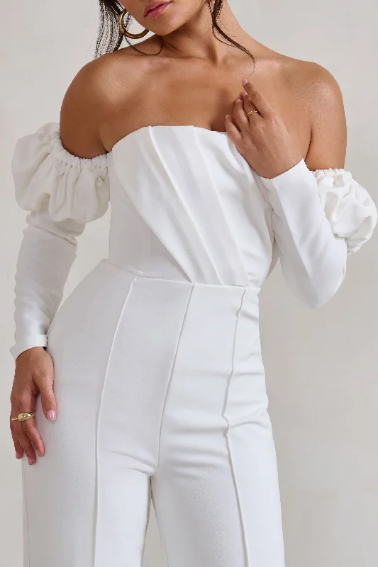 Reema | White Bardot Puff Long Sleeve Jumpsuit