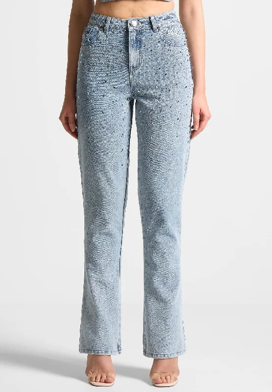 Scattered Rhinestone Mini Flare Jeans - Mid Blue