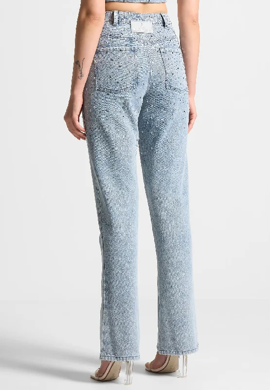 Scattered Rhinestone Mini Flare Jeans - Mid Blue