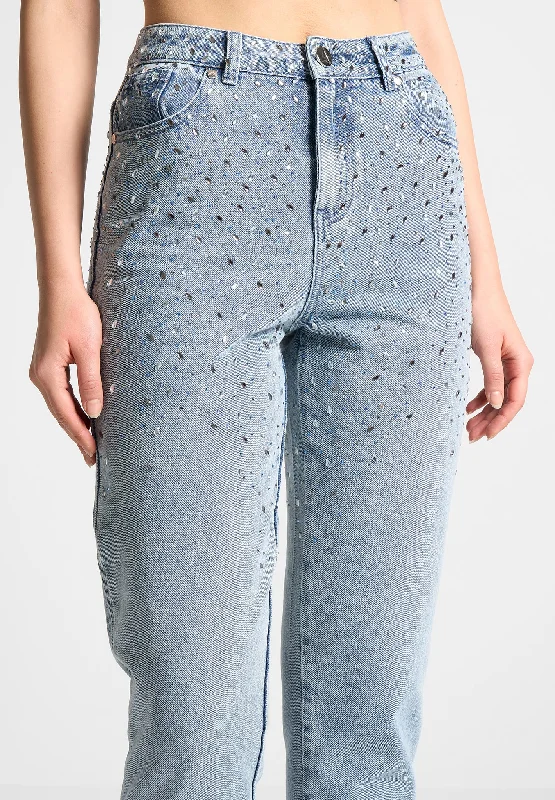 Scattered Rhinestone Mini Flare Jeans - Mid Blue