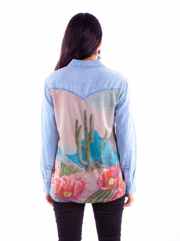 Scully Womens Microfiber Cactus Scene Denim Cotton Blend L/S Shirt