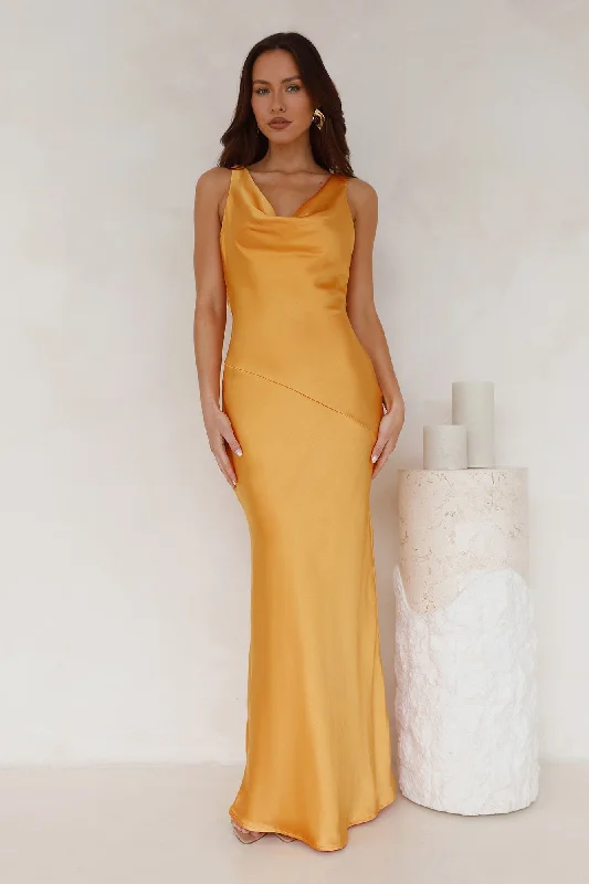 Seen For You Cowl Neck Satin Maxi Dress Orange