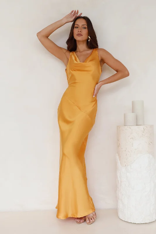 Seen For You Cowl Neck Satin Maxi Dress Orange