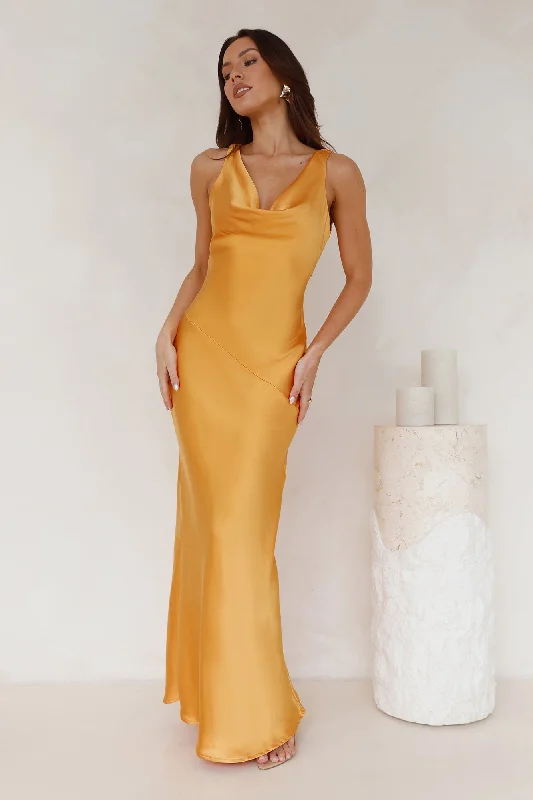 Seen For You Cowl Neck Satin Maxi Dress Orange