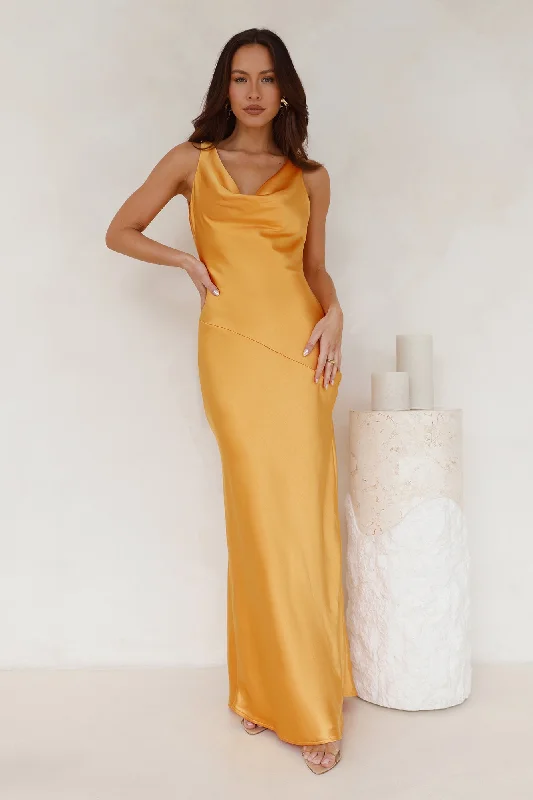 Seen For You Cowl Neck Satin Maxi Dress Orange