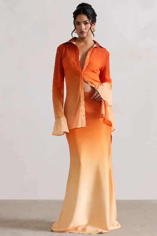 Serita | Orange Ombre Satin Split Maxi Skirt