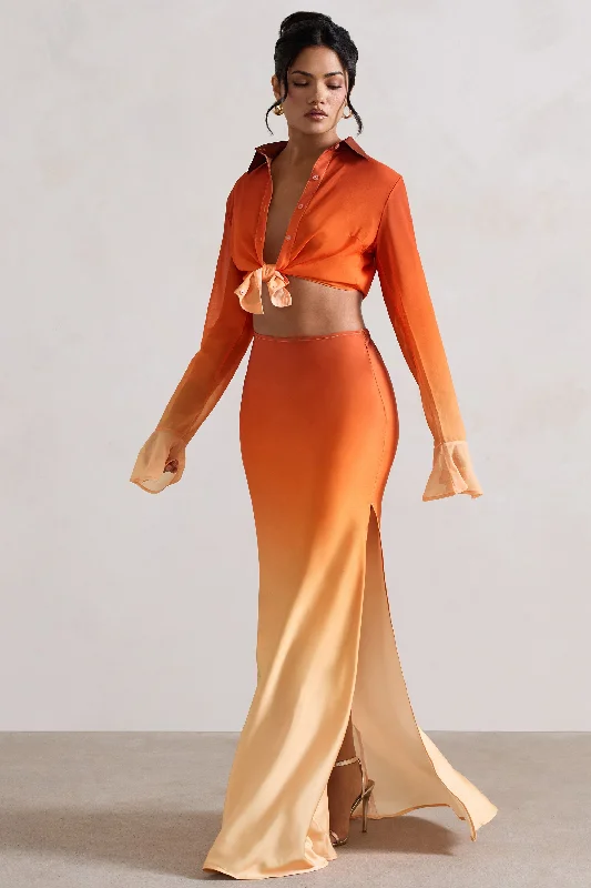 Serita | Orange Ombre Satin Split Maxi Skirt