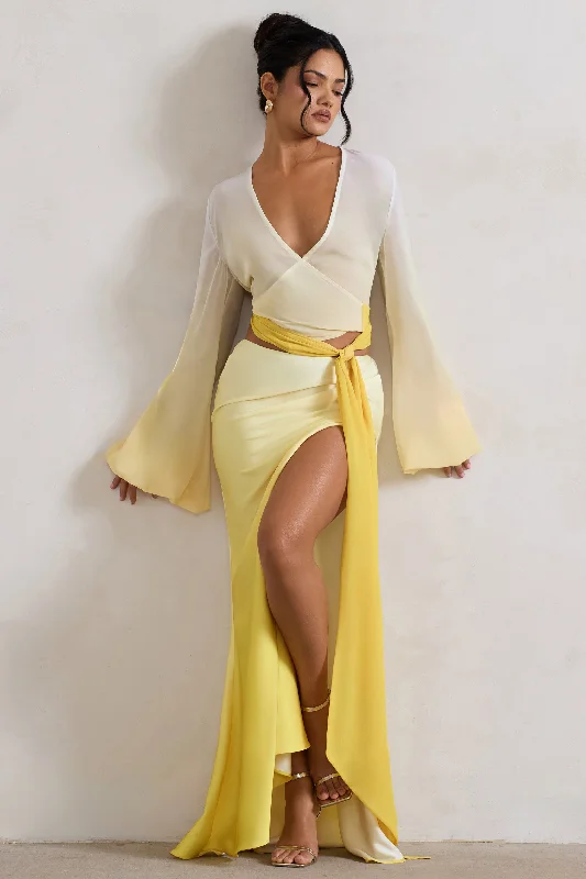 Serita | Yellow Ombre Satin Split Maxi Skirt