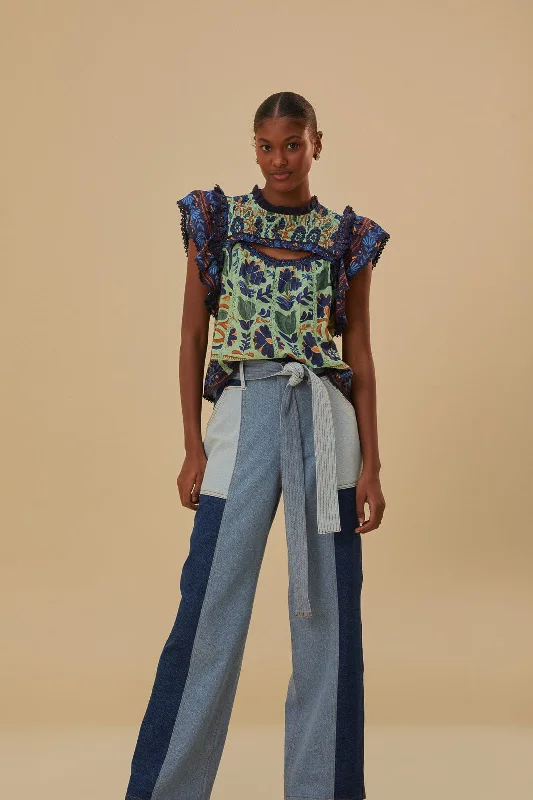 Tie Waist Patch Denim Pants