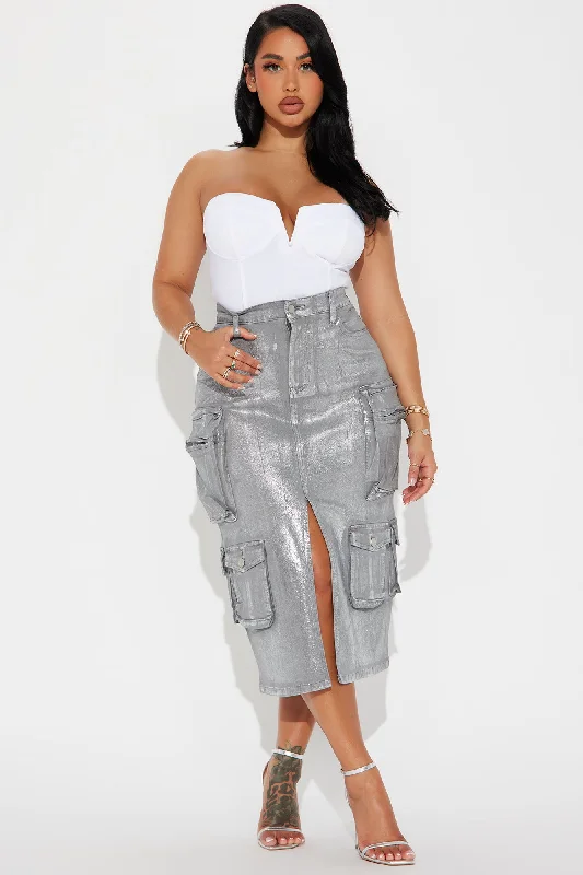 Time To Shine Foil Cargo Midi Skirt - Silver