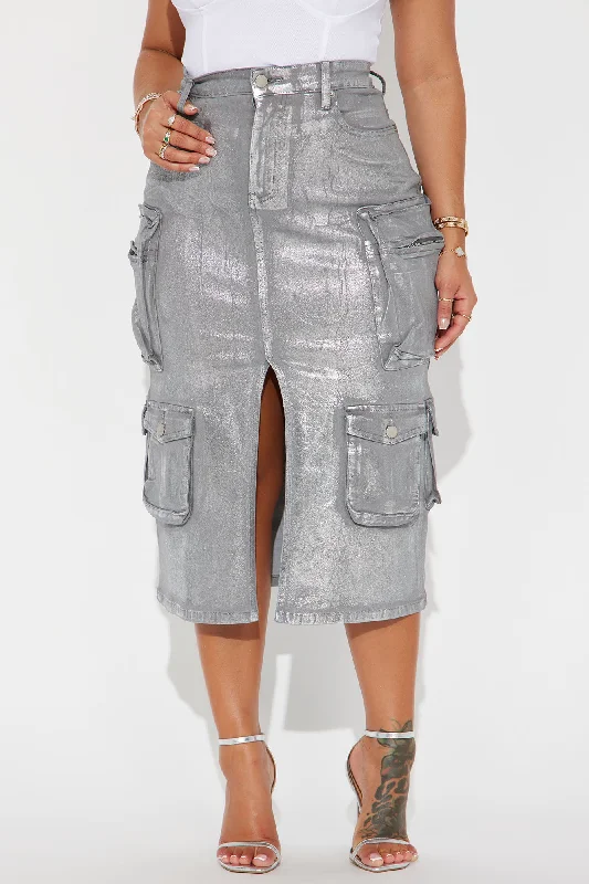 Time To Shine Foil Cargo Midi Skirt - Silver