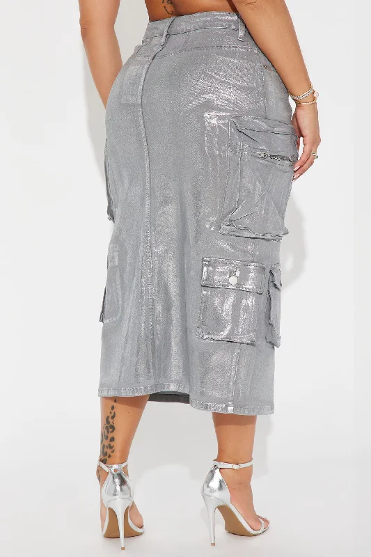 Time To Shine Foil Cargo Midi Skirt - Silver