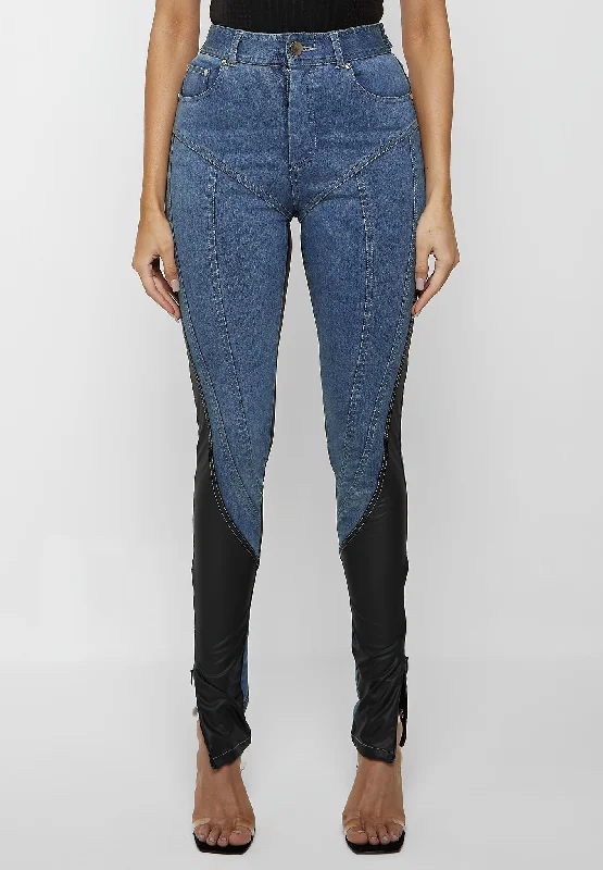 Vegan Leather Contour Skinny Jeans - Blue